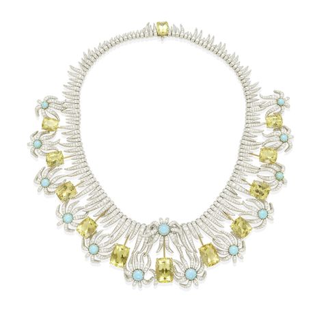 the hedges and rows necklace designed by jean schlumberger for tiffany  co  featuring yellow beryl, turquoise, and diamonds, set in platinum
