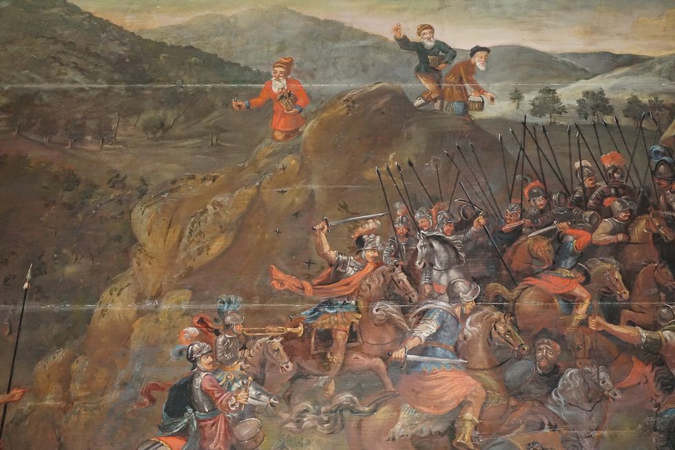 peasants throw caltrops at cavalry in painting of battle at schonau circa 1634