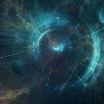 a science fiction concept looking at a portal appearing in front of a universe of stars and planets