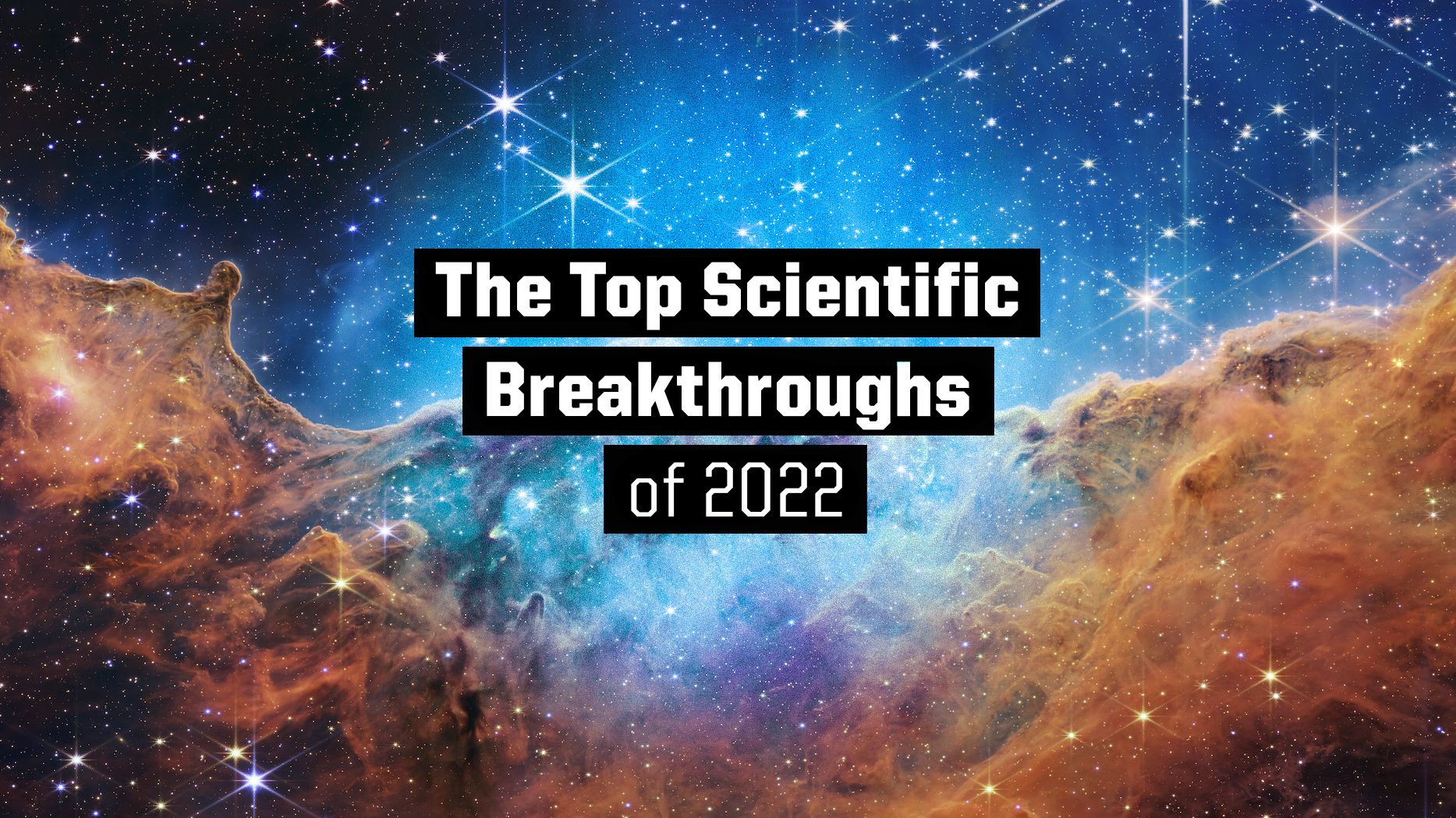 top science and tech breakthroughs of 2022 text on webb telescope carina nebula background