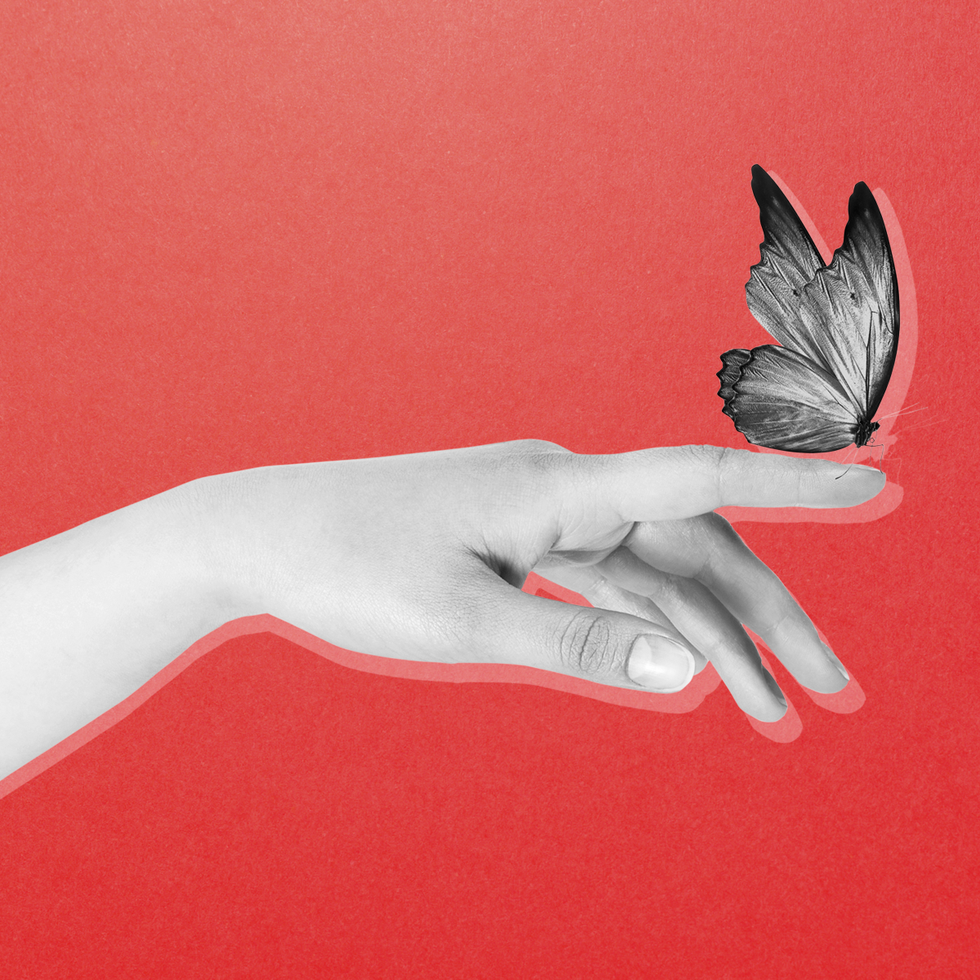 butterfly on womans hand in black and white with red background