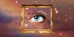 a blue eye looks out at the reader from inside a picture frame, in front of a purple starry sky the word "scorpio" runs along the eye