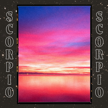 the word scorpio on either side of a photo of a sunset