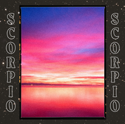 the word scorpio on either side of a photo of a sunset