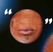 2 quotation marks around a planet and a pair of lips