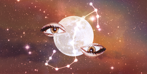 two eyes, one upside down, look out at the viewer over the constellation of scorpio the background is a full moon and a starry sky
