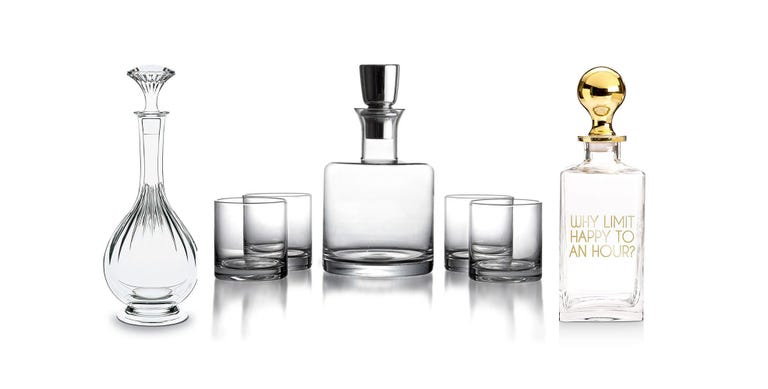 Clear high quality whiskey decanters with lid unique shape long glass  liquor decanters factory