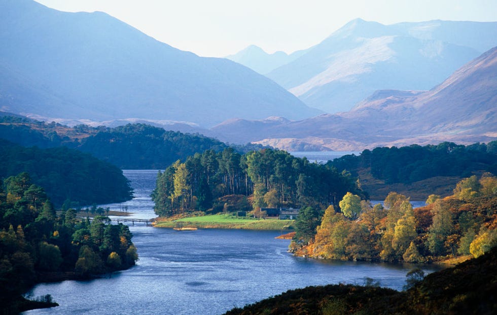 scotland, highlands, glen affric, view over loch affric from the western end of glen affric towards kintail forest