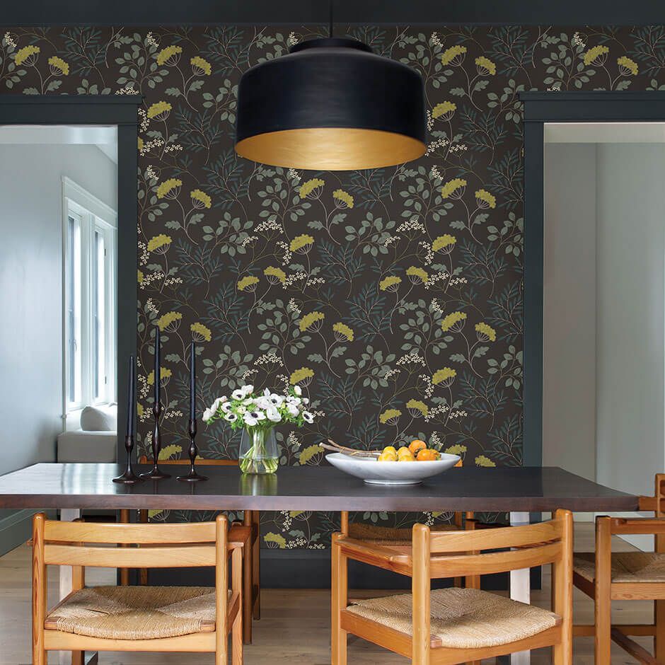 dark botanical wallpaper, dining table, chairs