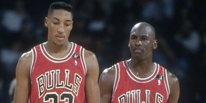 landover, md   circa 1992 michael jordan 23 and scottie pippen 33 of the chicago bulls walks up court against the washington bullets during an nba basketball game circa 1992 at the capital centre in landover, maryland jordan played for the bulls from 1984 93 and 1995   98 photo by focus on sportgetty images  local caption  michael jordan scottie pippen
