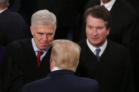 washington, dc   february 04 us president donald trump greets supreme court justice neil gorsuch as supreme justice brett kavanaugh looks on ahead of the state of the union address in the chamber of the us house of representatives on february 04, 2020 in washington, dc  president trump delivers his third state of the union to the nation the night before the us senate is set to vote in his impeachment trial  photo by mario tamagetty images