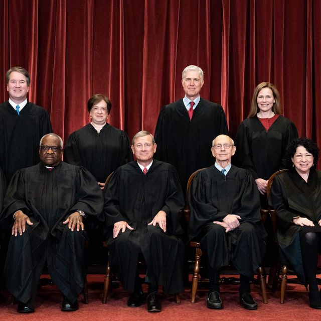 seated from left associate justice samuel alito, associate justice clarence thomas, chief justice john roberts, associate justice stephen breyer and associate justice sonia sotomayor, standing from left associate justice brett kavanaugh, associate justice elena kagan, associate justice neil gorsuch and associate justice amy coney barrett pose during a group photo of the justices at the supreme court in washington, dc on april 23, 2021 photo by erin schaff  pool  afp photo by erin schaffpoolafp via getty images