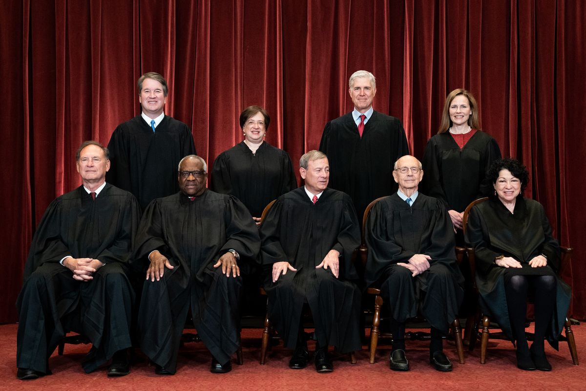 washington, dc   april 23 members of the supreme court pose for a group photo at the supreme court in washington, dc on april 23, 2021 seated from left associate justice samuel alito, associate justice clarence thomas, chief justice john roberts, associate justice stephen breyer and associate justice sonia sotomayor, standing from left associate justice brett kavanaugh, associate justice elena kagan, associate justice neil gorsuch and associate justice amy coney barrett photo by erin schaff poolgetty images
