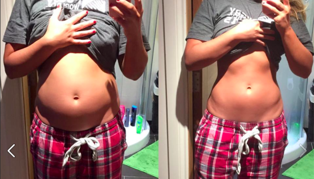 Impressive result. Girl shows big size of her pants and slim belly