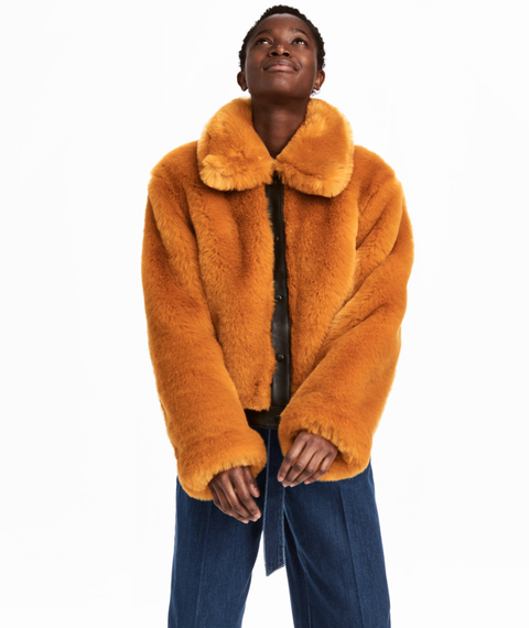 Fur clothing, Fur, Clothing, Hood, Outerwear, Orange, Jacket, Textile, Sleeve, Coat, 