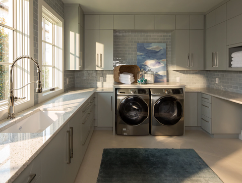 Laundry room, Laundry, Major appliance, Room, Washing machine, Countertop, Property, Clothes dryer, Interior design, Cabinetry, 