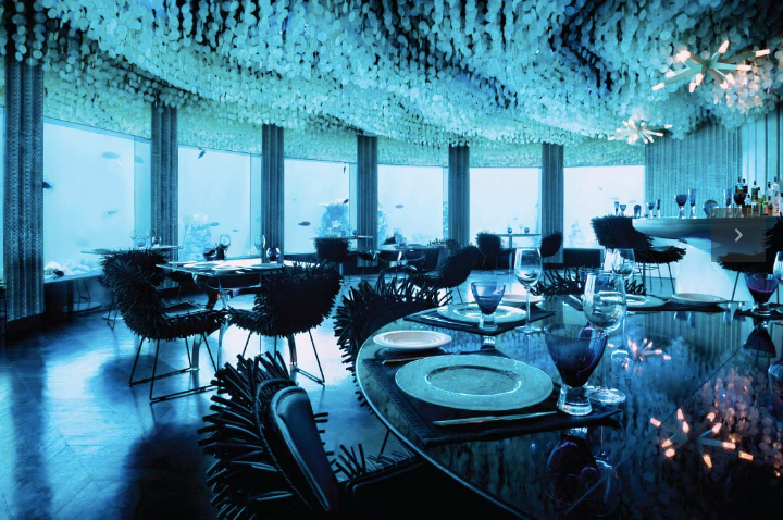 Blue, Restaurant, Turquoise, Room, Architecture, Interior design, Building, Table, Function hall, Chair, 