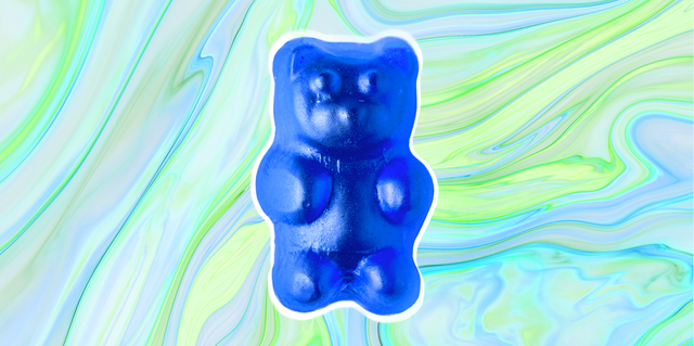 Cute cartoon CBD edible gummy bear drawing. Green candy with