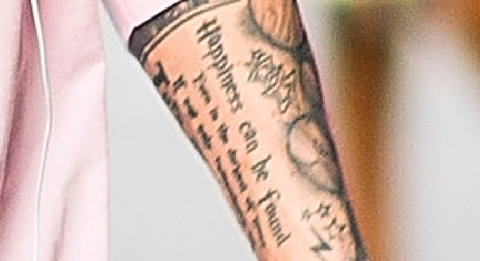 Tattoo, Arm, Skin, Font, Temporary tattoo, Shoulder, Human leg, Text, Joint, Leg, 