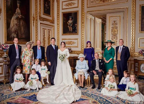 Princes Eugenie and Jack Brooksbank with their families - see Princess Eugenie official wedding photos