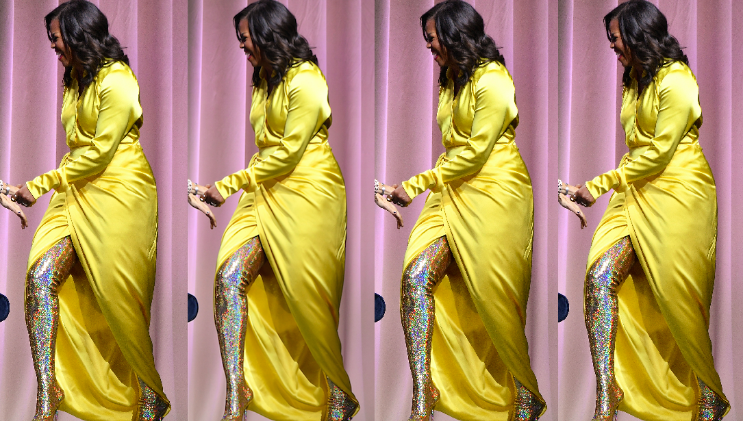 missil Borgmester Vedligeholdelse Michelle Obama's $4,000 Balenciaga Boots - Michelle Obama Wears Gold  Thigh-High Boots