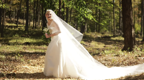 Veil, Bride, Wedding dress, Bridal veil, Photograph, Dress, Bridal accessory, Gown, Bridal clothing, Woodland, 