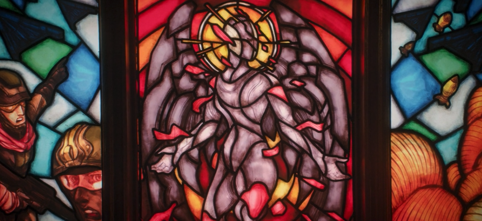 Stained glass, Glass, Window, Art, Modern art, Visual arts, Psychedelic art, Interior design, Fictional character, 