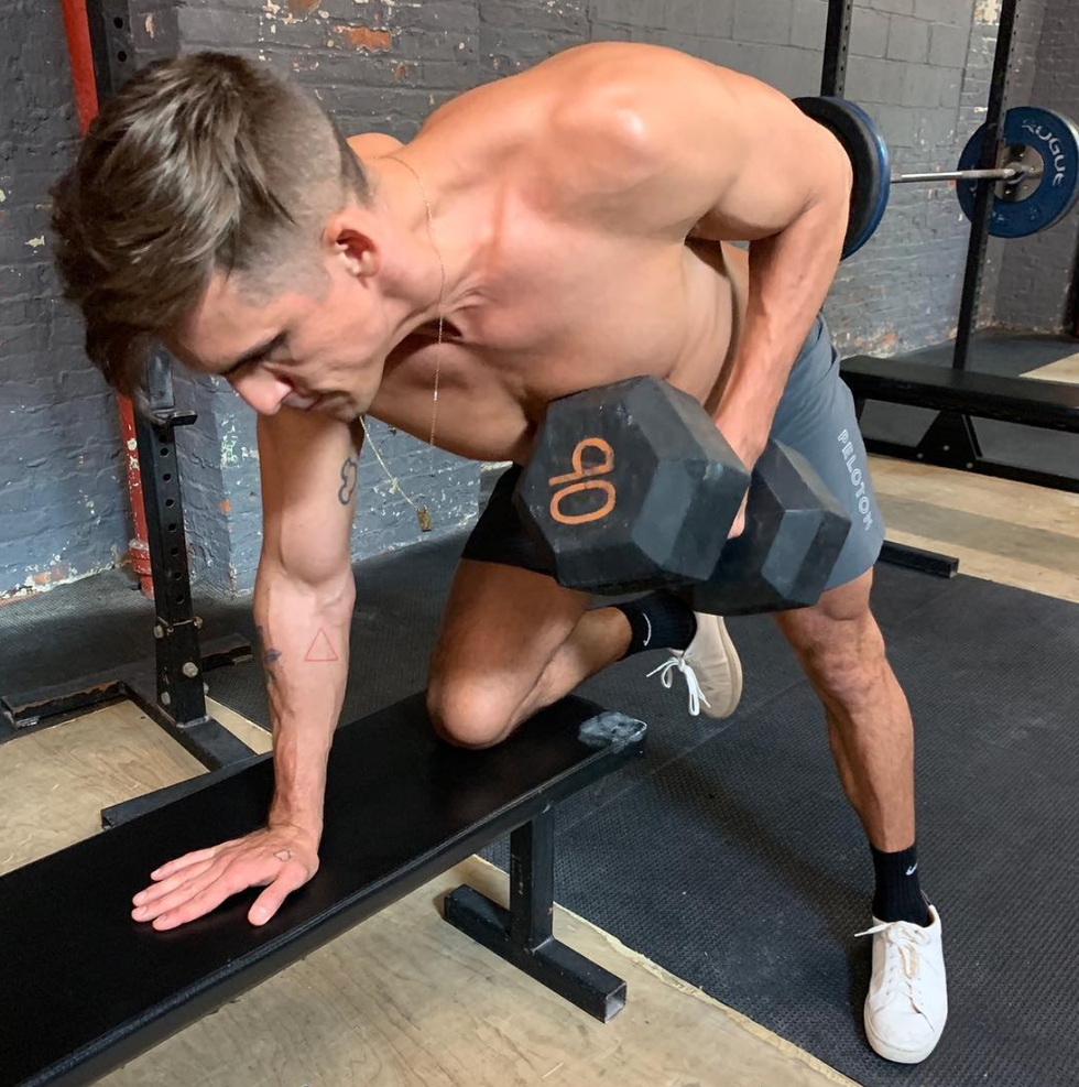 Arm, Weights, Muscle, Physical fitness, Fitness professional, Shoulder, Chest, Exercise equipment, Leg, Joint, 