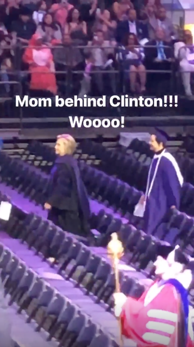 In an Instagram video posted by Rossellini's son, Rossellini walks behind Clinton.