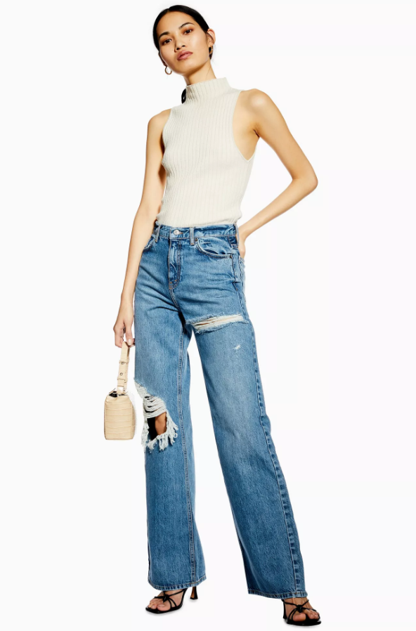 topshop jeans sale - topshop Mid Blue Ripped Slim Wide Jeans 