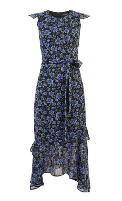 Clothing, Dress, Day dress, Blue, Purple, Cocktail dress, One-piece garment, Sleeve, Gown, Neck, 