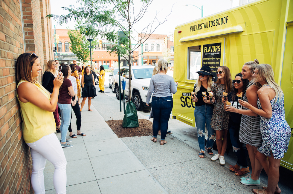 Photograph, People, Yellow, Snapshot, Urban area, Town, Public space, Street, Pedestrian, Fun, 