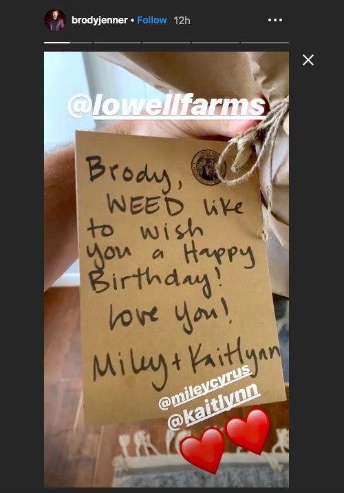 Brody Jenner's Instagram story showing a gift from Miley Cyrus and Kaitlynn Carter