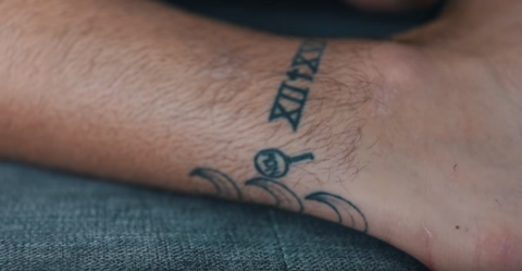 Tattoo, Arm, Skin, Joint, Font, Wrist, Shoulder, Hand, Finger, Neck, 