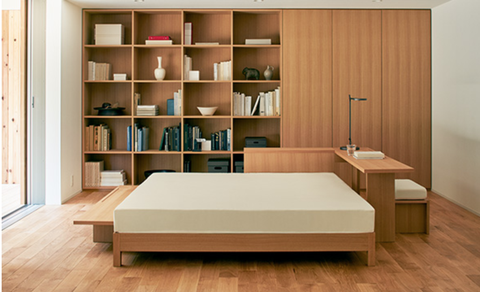 Furniture, Shelf, Shelving, Bookcase, Room, Bed, Interior design, Bedroom, Cupboard, Mattress, 