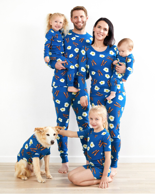 People, Family taking photos together, Pajamas, Canidae, Pattern, Design, Fun, Sleeve, Nightwear, Family pictures, 