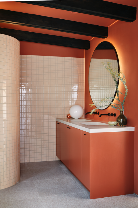 Room, Tile, Orange, Interior design, Architecture, Bathroom, Material property, Floor, Building, Flooring, 