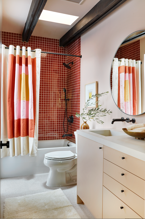 bathroom, room, curtain, interior design, orange, red, property, home, tile, shower curtain,