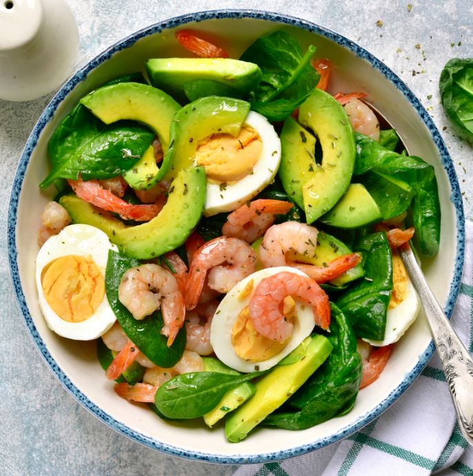 high protein low carb meal shrimp egg avocado salad