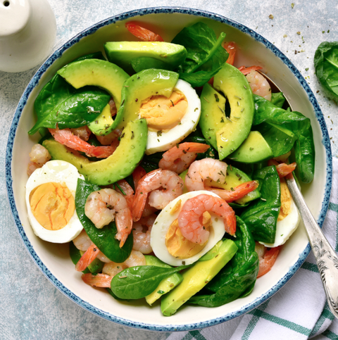 high protein low carb meal shrimp egg avocado salad