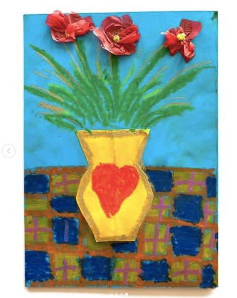 Painting, Flowerpot, Flower, Yellow, Child art, Tulip, Still life, Vase, Plant, Modern art, 