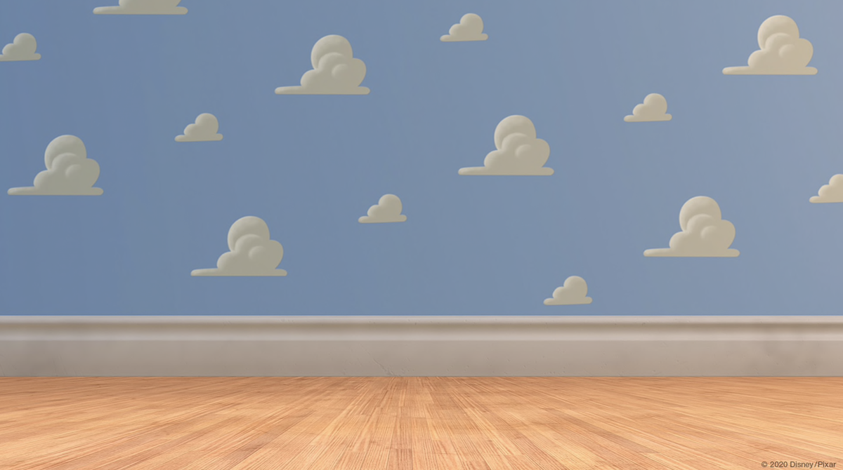 blue wallpaper with cloud motif from Andy's room in 'Toy Story'