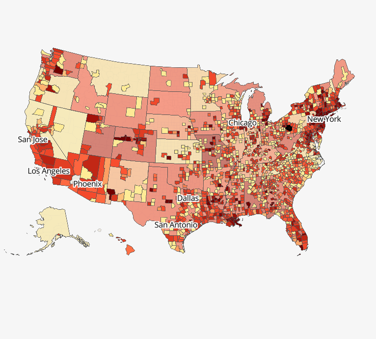 a heatmap of the us showing where the most doctor visits related to covid 19 are occurring