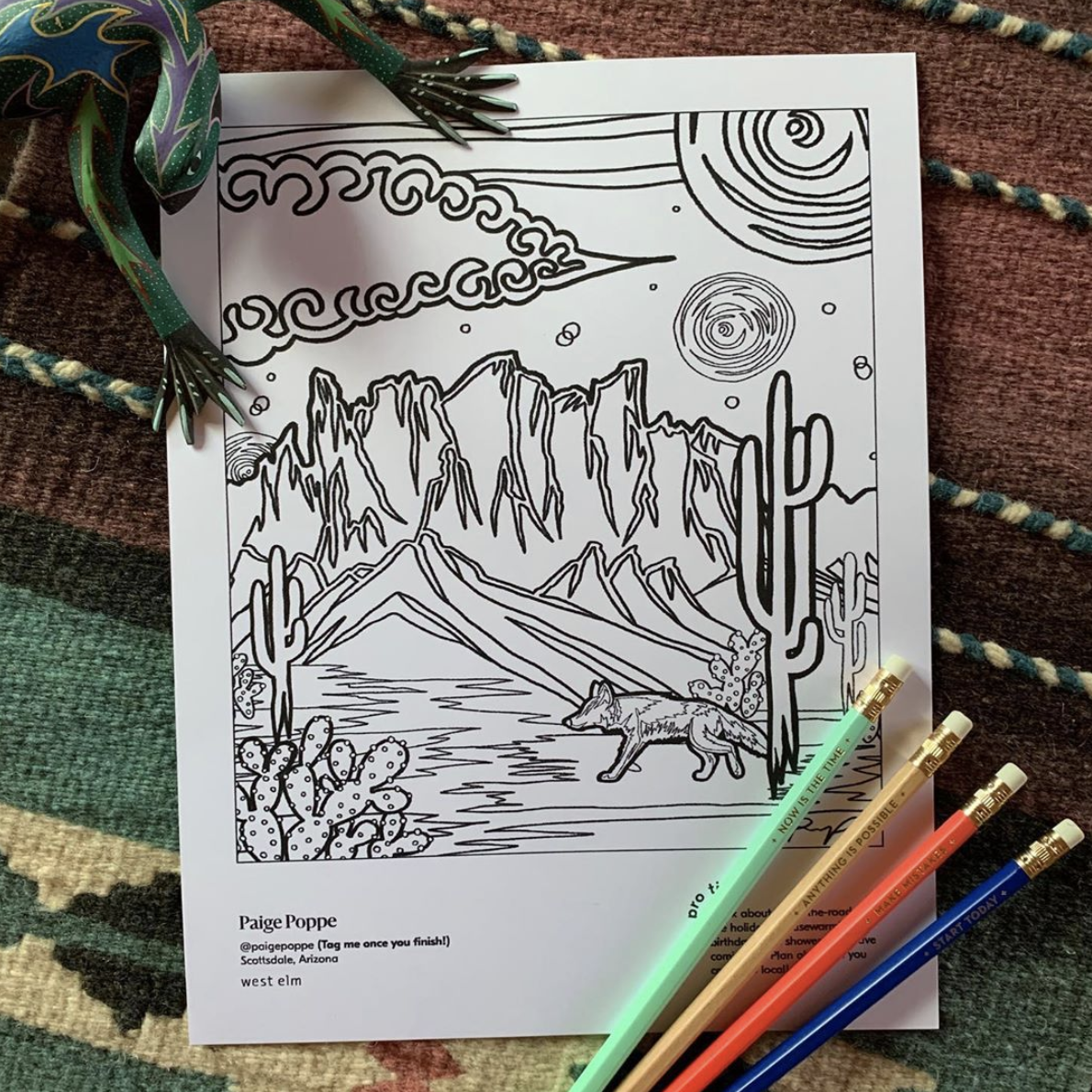 coloring book page with sun, mountains and cactus