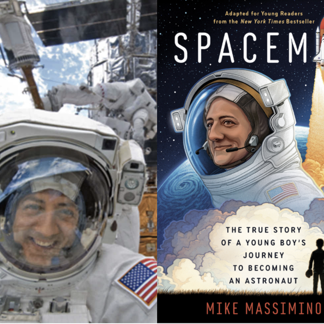 massimino in orbit and the cover of his book spaceman