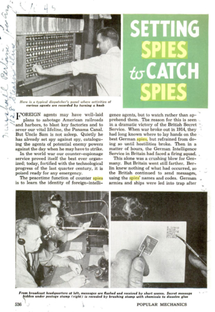 an archival page from an april 1941 issue of popular mechanics, showing instances of the word "spies" highlighted in yellow