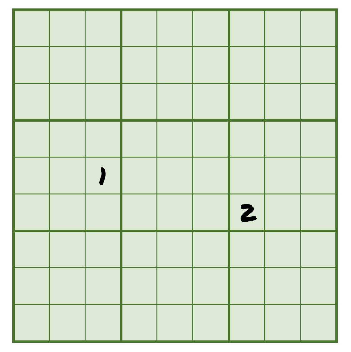 an empty green sudoku grid shows a single 1 and a single 2 filled in