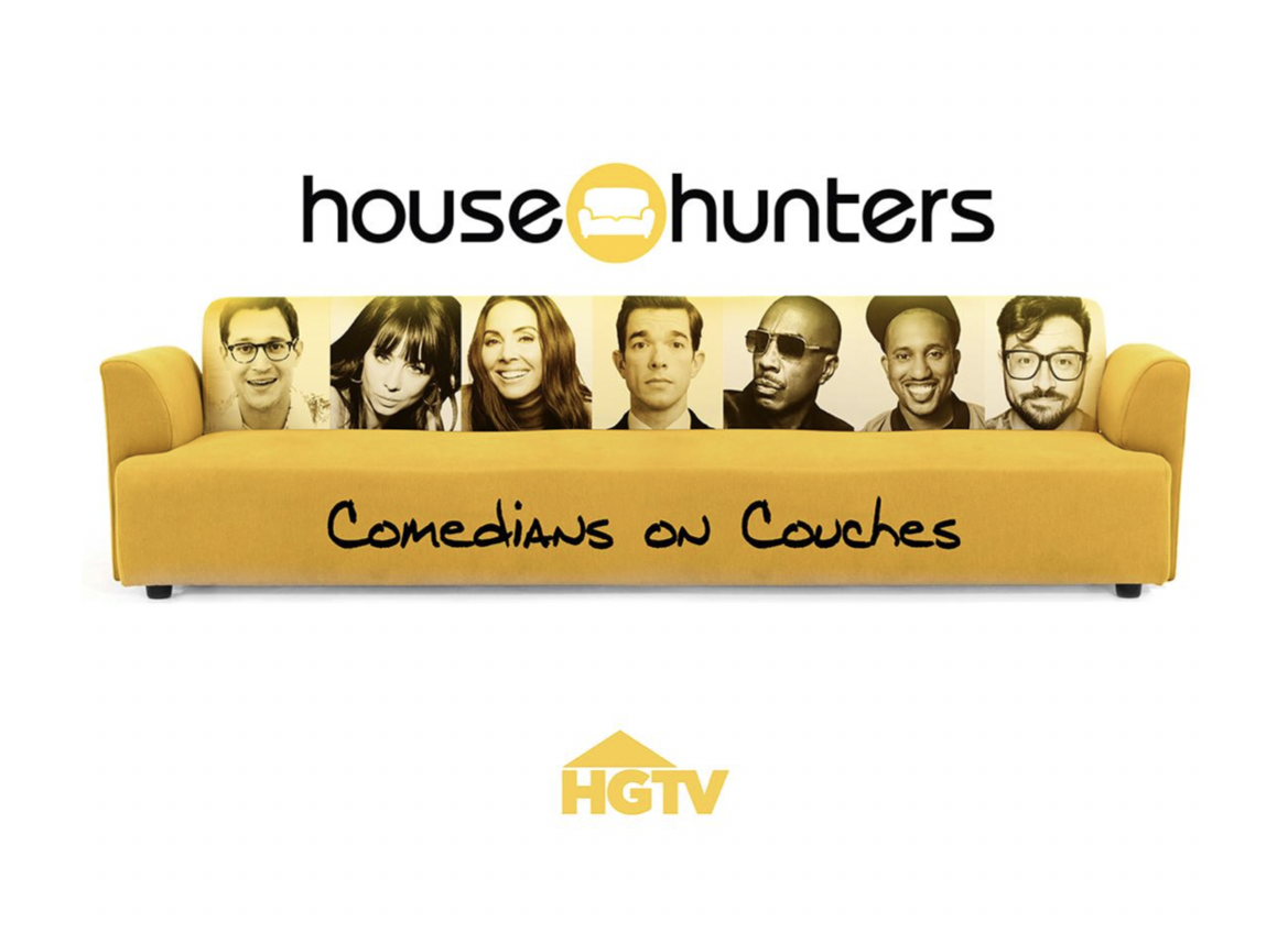 promo image of yellow couch with images of comedians participating in hgtv's new 'house hunters' spin off show