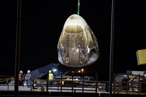 the demo 1 crew dragon capsule is pulled from the atlantic ocean after completing an uncrewed mission to the iss