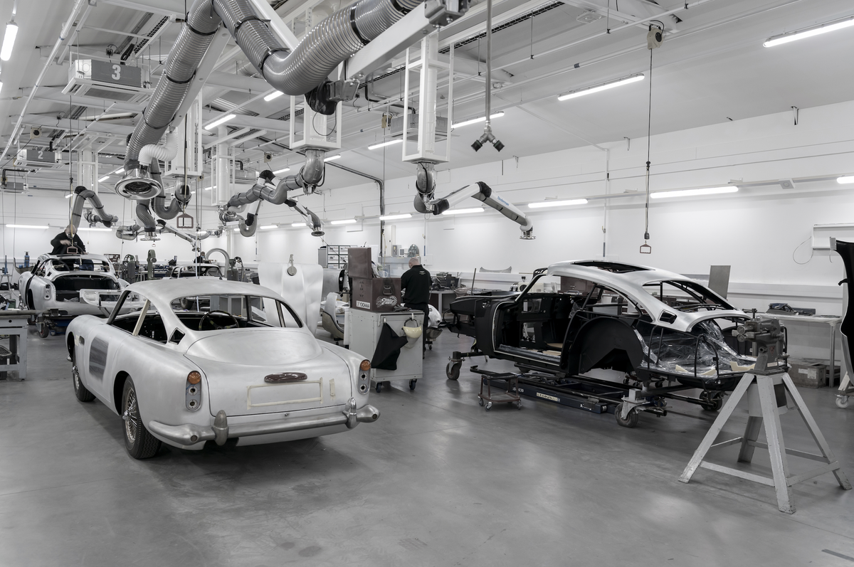 aston martin's new db5 continuation model at the company's manufacturing plant